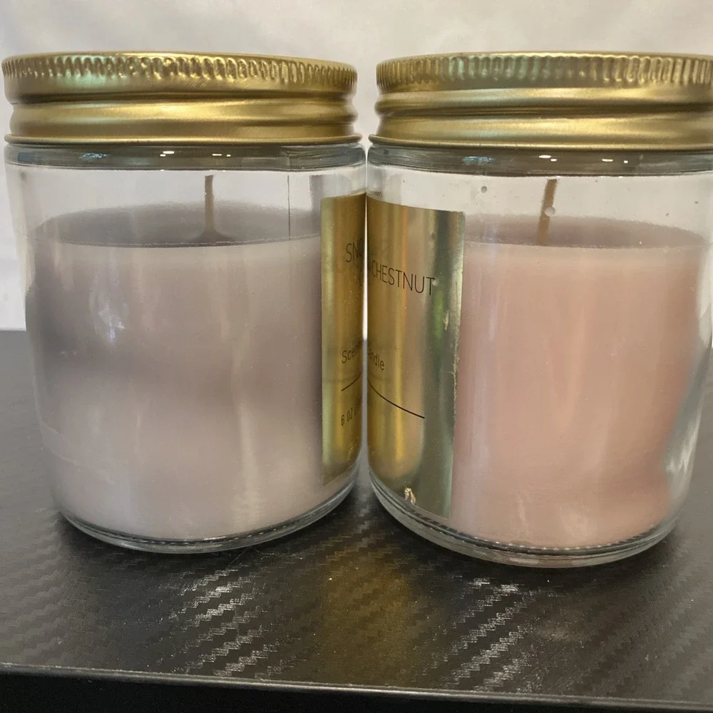 Set Of 2 Scented 6 oz Jar Candles Snow‎ Whipped Coconut & Bourbon Chestnut